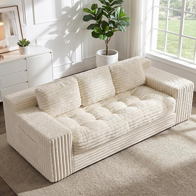 Boneless Couch, Cloud Loveseat Sofa Corduroy Couch in a Box, Upholstered Boneless 3 Seater Couch for Living Room Bedroom Office Apartment, No Assembly Required, Beige