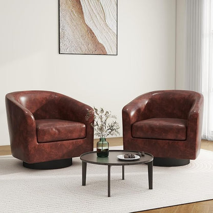 Swivel Barrel Accent Chair, Modern Round Faux Leather Arm Chair for Living Room, Bedroom, Comfy Club Reading Chairs for Adults
