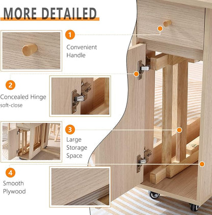 COMUHOME Extendable Drop Leaf Folding Dining Table with 2 Drawers and 4 Wheels for Living Room Kitchen Farmhouse Space Saving Table in Wood Color