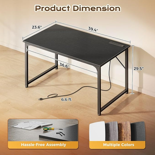 PRAISUN 40 X 24 Inch Deeper Desk with Power Outlets | Small Computer Desk for Bedroom, Office Desk for Work from Home, Writing Study Gaming Table, Stable Metal Frame, Black