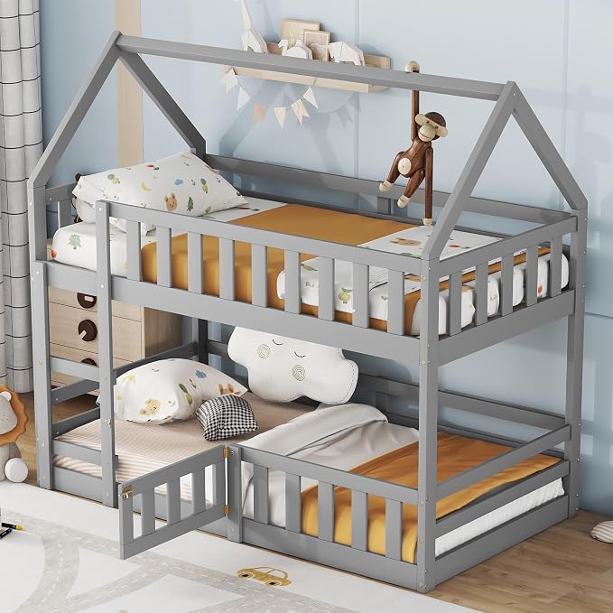 SOFTSEA Twin Over Twin House Bunk Bed, Solid Wood House Bunk Bed Frame with Ladder, Door & Safety Guardrails, Floor Bunk Beds for Kids, Noise Free, Easy Assembly, Grey