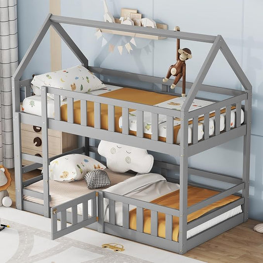 SOFTSEA Twin Over Twin House Bunk Bed, Solid Wood House Bunk Bed Frame with Ladder, Door & Safety Guardrails, Floor Bunk Beds for Kids, Noise Free, Easy Assembly, Grey