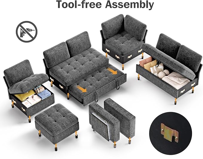 Vipbear 7 Seat L Shaped Modular Sectional Sleeper Sofa Bed with Ottoman/Pull Out Bed/Reclining Backrest/USB Ports/Table/LED Light/Storage Seat, Tool-Free Assembly, Dark Grey