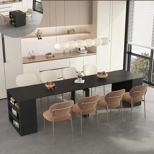 KEIKI 27.5" to 122.8" Extendable Foldable Dining Table with 3-Tier Storage Shelf, Expandable Wooden Console Table for 1–10 People, Space Saving Multifunctional Kitchen Dining Desk, Black