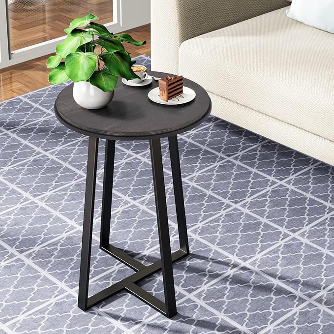 Dorriss Round End Table, Small Side Table Grey Color MDF Top, Metal Frame Black, Tall End Side Table for Bed Room, Coffee Tea End Table for Living Room(Round Grey)