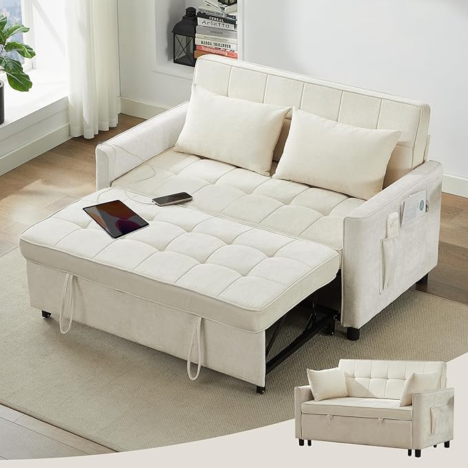 Tbfit 57" Convertible Sofa Bed, Chenille Futon Sleeper Sofa Couch with Pullout Bed, USB & Adjustable Backrest, Full Size Pull Out Loveseat Couches for Living Room, Apartment, Office, Dorm, Beige
