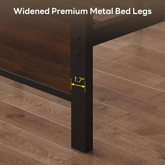 LIKIMIO King Bed Frame and Headboard, Mid-Century Modern King Platform Bed, Heavy Duty Silent Metal Slats, No Box Spring Needed, Noise-Free, Dark Walnut
