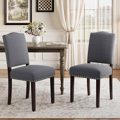 Upholstered Parsons Dining Chairs Set of 2, Modern Dining Room Chairs with Back, Fabric Kitchen Side Chairs with Wood Legs, Nailhead Trim for Dinner Farmhouse Restaurant, Darkgrey