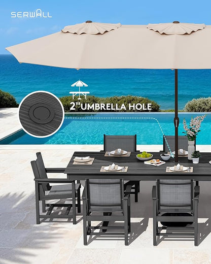 SERWALL 9 Piece 84" HDPE Outdoor Dining Set for 8 with Textilene Chairs and Umbrella Hole, Black/Gray