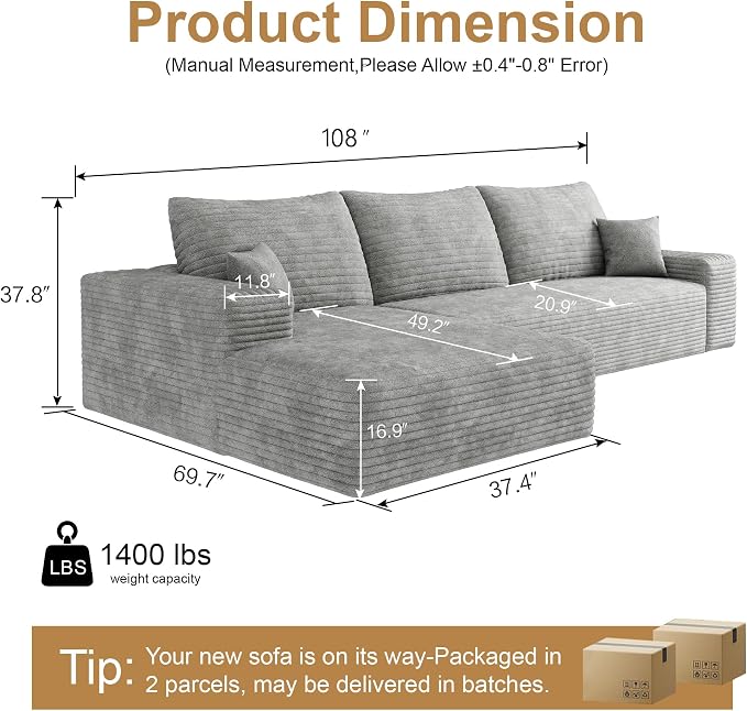AUGOP 108" Sectional Couches for Living Room Modern Modular Sofa with L-Shape Couchs Upholstered Boneless Couch Deep Seat Sectional Couch with Chaise (Grey, Left Facing Chaise+2Seaters)