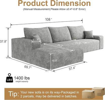 AUGOP 108" Sectional Couches for Living Room Modern Modular Sofa with L-Shape Couchs Upholstered Boneless Couch Deep Seat Sectional Couch with Chaise (Grey, Left Facing Chaise+2Seaters)