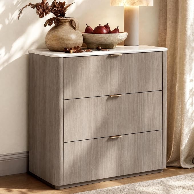 ModernMate 3 Drawer Dresser with Curved Profile & Faux Travertine Texture, 31.5" Large Nightstand Anti-Tip Chest of Drawers for Bedroom, Living Room, Wood Grain Gray