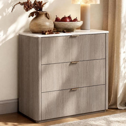 ModernMate 3 Drawer Dresser with Curved Profile & Faux Travertine Texture, 31.5" Large Nightstand Anti-Tip Chest of Drawers for Bedroom, Living Room, Wood Grain Gray