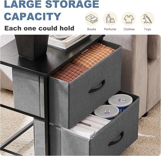 DUMOS Nightstand Small Dresser with 2 Fabric Drawers, Bedroom End Table | Kids Bedside Storage Furniture for 20 inch Tall Night Stand for Closet, Dorm, Ash