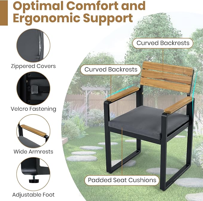 Quarte 6-Piece Outdoor Dining Set with 1 Acacia Wood Table and 4 Chairs & 1 Bench, Adjustable Feet for Patio, Garden, Backyard Family Meals BBQ Parties (Gray-AA)