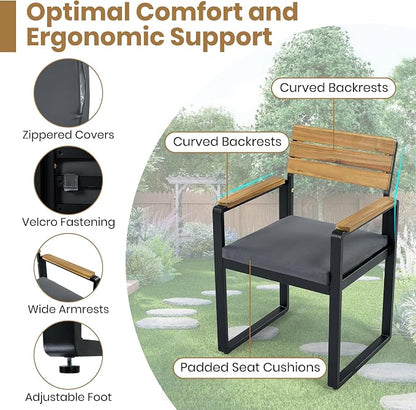 Quarte 6-Piece Outdoor Dining Set with 1 Acacia Wood Table and 4 Chairs & 1 Bench, Adjustable Feet for Patio, Garden, Backyard Family Meals BBQ Parties (Gray-AA)
