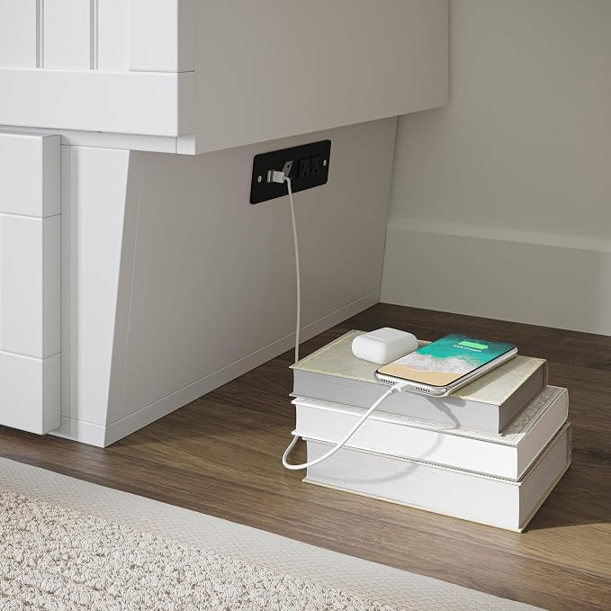 AFI, Nantucket Queen Murphy Bed Chest with Mattress, Storage Drawer and Built-In USB Charger, White