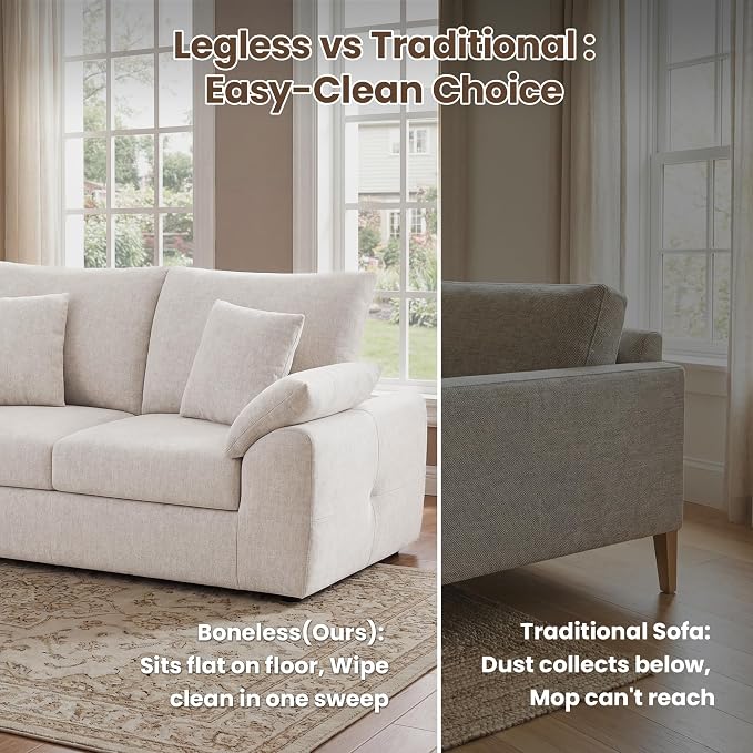 75.6" Boneless Loveseat Sofa, Polyester Fabric 2-Seater Couch with 4 Pillows, No Assembly Required, Soft High Density Foam Cushion, Rectangular Track Arm Sofa for Living Room Bedroom Apartment (Beige)