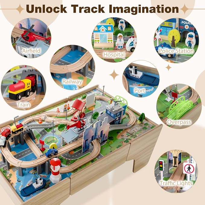 Costzon 110-Piece Wooden Train Table with Drawer for 3+ Years Old Toddlers | 3-in-1 Kids Activity Play Set w/ Reversible Tabletop, Storage Space, Train Tracks, Figures, Vehicles, and Buildings