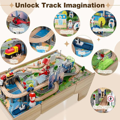Costzon 110-Piece Wooden Train Table with Drawer for 3+ Years Old Toddlers | 3-in-1 Kids Activity Play Set w/ Reversible Tabletop, Storage Space, Train Tracks, Figures, Vehicles, and Buildings