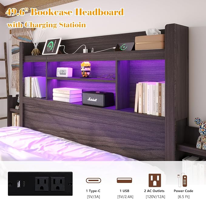 LUXOAK Queen Bed Frame with 49.6" Bookcase Headboard & 2 Bedside Stoage Racks & 4 Drawers, Farmhouse Wood Bed Frame with RGB LED & Charging Station, No Box Spring Needed, Black
