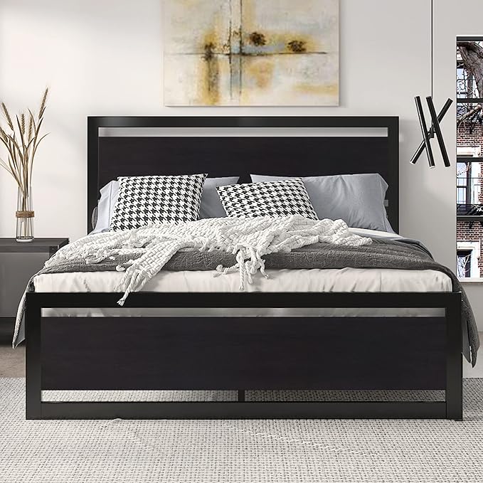 SHA CERLIN Heavy Duty Queen Size Bed Frame with Modern Headboard，Black | Platform Metal Base with Square Footboard and 13 Strong Slats Support, No Box Spring Needed