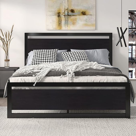 SHA CERLIN Heavy Duty Queen Size Bed Frame with Modern Headboard，Black | Platform Metal Base with Square Footboard and 13 Strong Slats Support, No Box Spring Needed