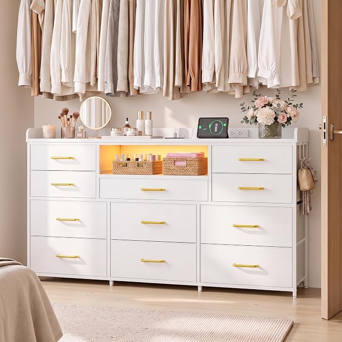 Bepatio LED Dresser for Bedroom with 11 Drawers,Power Strip,4 Hooks,White | Stylish Dressers & Chests of Drawers with 2 Wood Storage Shelves, TV Stand for 50/55/60 Inch TVs, Sturdy Metal Frame
