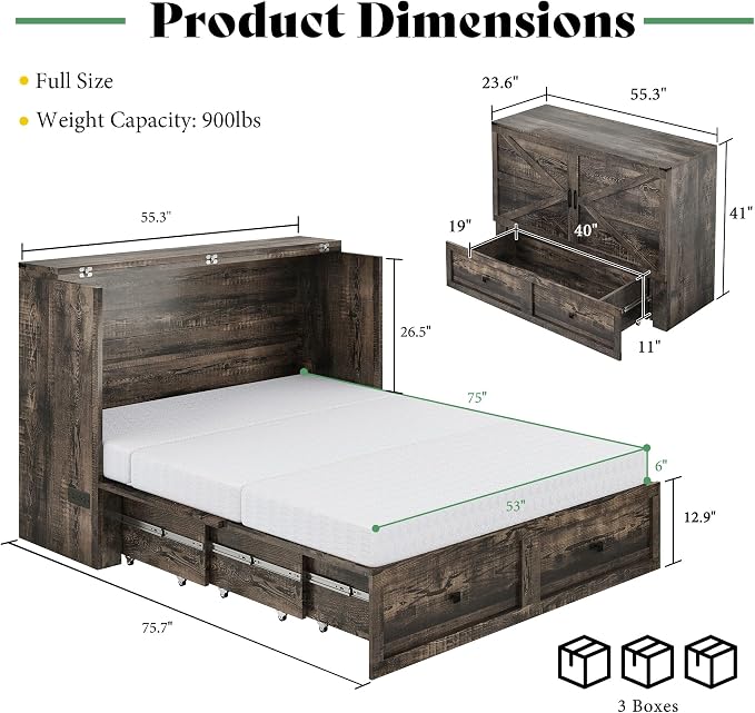 LUXOAK Full Murphy Bed with 6" White Tri-Fold Memory Foam Mattress, Storage Drawer & Charging Station, Space-Saving Design for Home Office or Guest Room, Black Oak