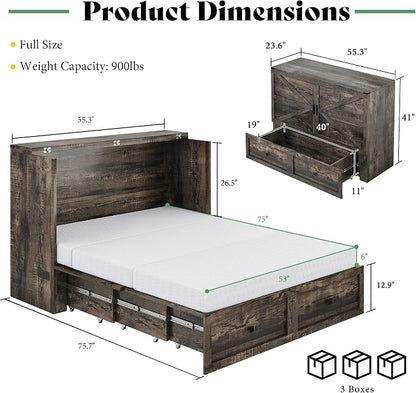 LUXOAK Full Murphy Bed with 6" White Tri-Fold Memory Foam Mattress, Storage Drawer & Charging Station, Space-Saving Design for Home Office or Guest Room, Black Oak