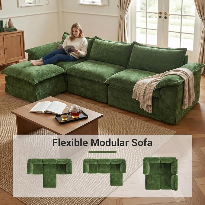 Claiks 123" Modular Boneless Couch, L Shaped Couch for Living Room, Modern Deep Seat Sofa 3 Seater Chenille Fabric Comfy Cloud Couches with Movable Ottoman, Dark Green