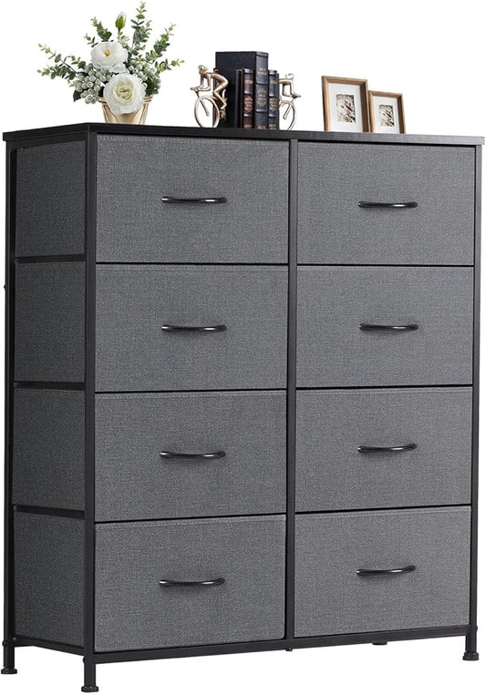 DUMOS 8 Drawer Dresser for Bedroom, Fabric Storage Organizer | Wooden Top Chest of Drawers with Sturdy Metal Frame for Closet, Entryway, Grey
