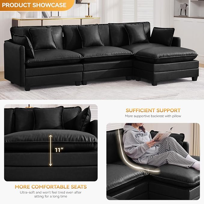 111'' Sectional Cloud Deep Seat Couch, Modern Comfy Leather L Shaped Sectional Sofa for Living Room Set, Upholstered Modular 4-Seats Sofa Couch with 1 Movable Ottoman, Leather Black