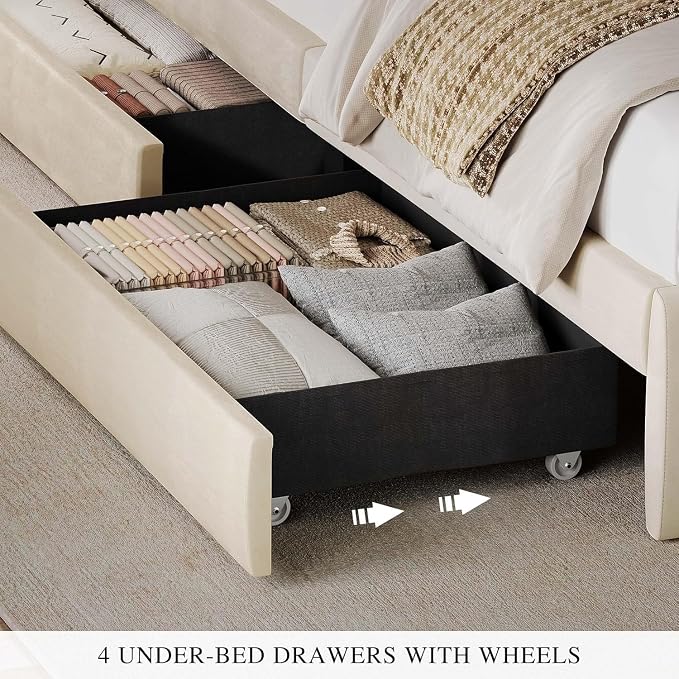 YITAHOME Full Size Bed Frame with Adjustable Headboard, 4 Storage Drawers and Charging Station, Velvet Upholstered Bed Frame with Button Tufted, No Box Spring Needed, Fast Assembly, Noise-Free,Beige