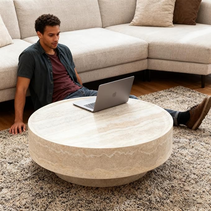 35.43" Modern Coffee Table Faux Marble Round Coffee Tables, Fiberglass Drum Center Table, Accent Low Circle Coffee Table Stone, Minimalist Sofa Side End Table for Living Room Apartment Office