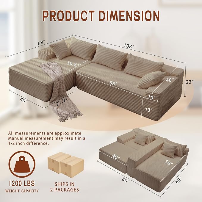 Korser 108" L-Shaped Modular Sectional Sofa with Chaise, Boneless Comfy Corduroy Fluffy Couch with Deep Seat and Side Pockets, Flexible Module Combination for Living Room, No Assembly, Side Pockets