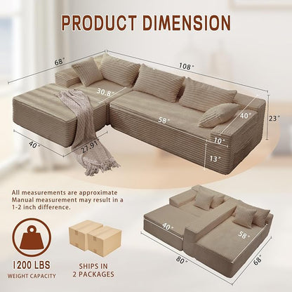 Korser 108" L-Shaped Modular Sectional Sofa with Chaise, Boneless Comfy Corduroy Fluffy Couch with Deep Seat and Side Pockets, Flexible Module Combination for Living Room, No Assembly, Side Pockets