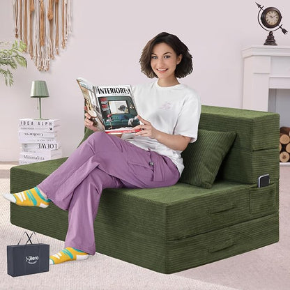 Folding Sofa Bed, 4 in 1 Convertible Sleeper Chair with Pillow, Twin Memory Foam Fold Out Chair Bed, Modern Floor Futon Sofa Couch Mattress for Living Room/Guest/Apartment, Green