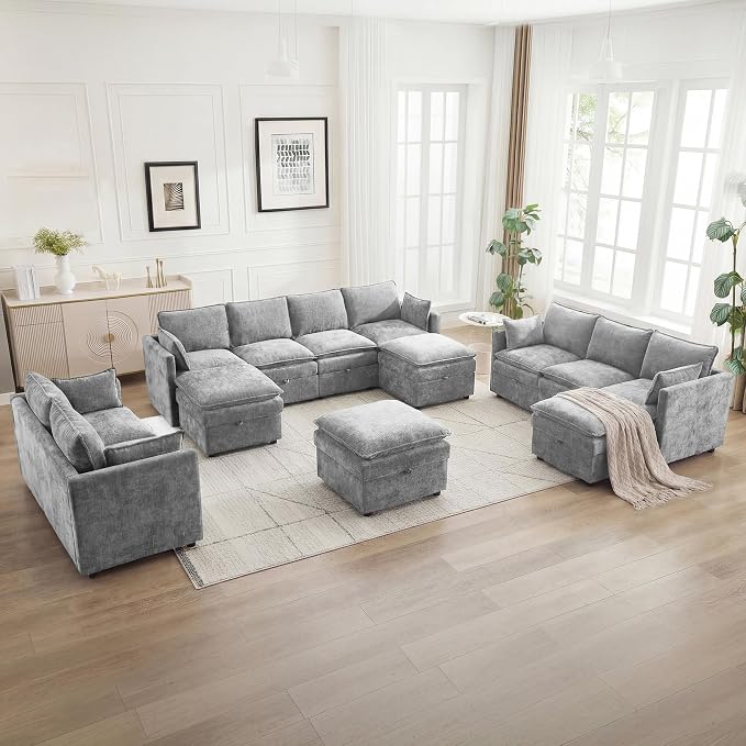80" Cloud Modular 3 Seater Sofa with Storage, Modern Upholstered Storage Sofa Couch Deep Seat, Sectional Sofa Chenille Comfy Couch with Armrests for Living Room, Small Space, Light Grey