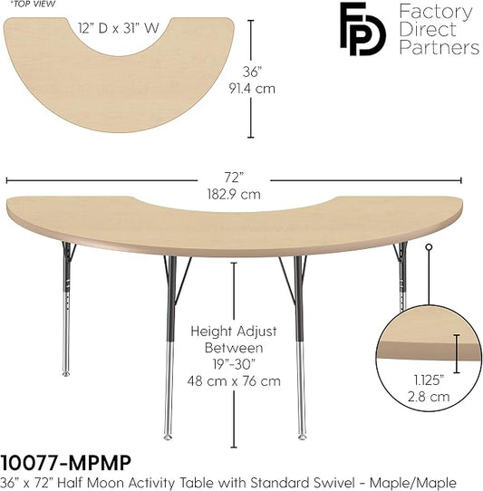 FDP Half Moon Activity School and Office Table (36 x 72 inch), Standard Legs with Swivel Glides for Collaborative Seating Environments, Adjustable Height 19-30 inches - Maple Top and Maple Edge