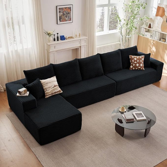 166.9" Cloud Sectional Couch with L-Shape Chaise, Modern Modular Comfy Sofa Chaise Longue, Upholstered Corduroy Couches Sleeper with Deep Seat for Living Room Bedroom, No Assembly Required, Black
