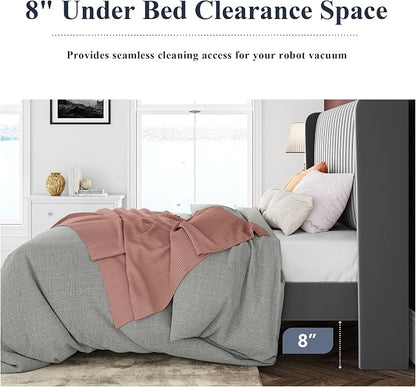 Allewie Full Size Velvet Bed Frame/Vertical Channel Tufted Wingback Headboard/Upholstered Platform Bed/Strong Wooden Slats/No Box Spring Needed/Easy Assembly/Grey