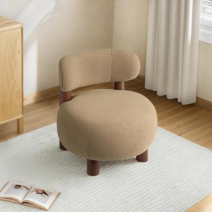 Modern Boucle Accent Chair, with Plush Faux Sherpa Upholstery, Curved Backrest, Solid Wood Legs for Living Room Bedroom Reading Nook, 27.5", Camel