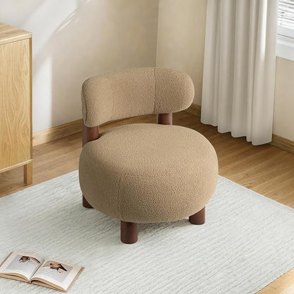 Modern Boucle Accent Chair, with Plush Faux Sherpa Upholstery, Curved Backrest, Solid Wood Legs for Living Room Bedroom Reading Nook, 27.5", Camel