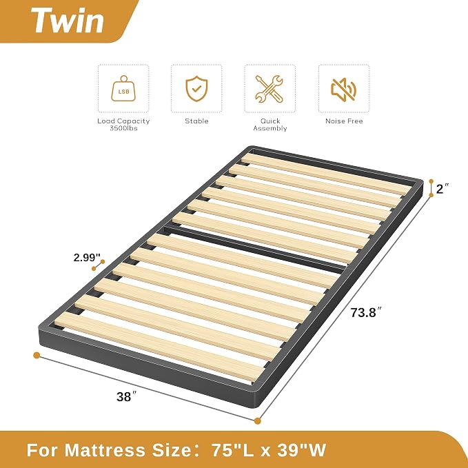 MAF 2 Inch Twin Box Spring with Round Corners, Low Profile Box Spring Twin Size, Bunkie Board with Wood Slats Bed Slat Replacement 3500 lbs Black Heavy Duty Metal Mattress Foundation, Easy Assembly