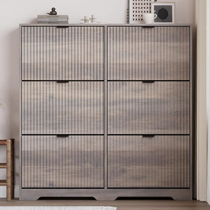 BORNOON Large Shoe Cabinet for Entryway, Tall Narrow Shoe Storage Cabinet with 6 Flip Drawers and Adjustable Shelves, Shoe Rack Cabinet Organizer for Hallway, Foyer, Small Apartment