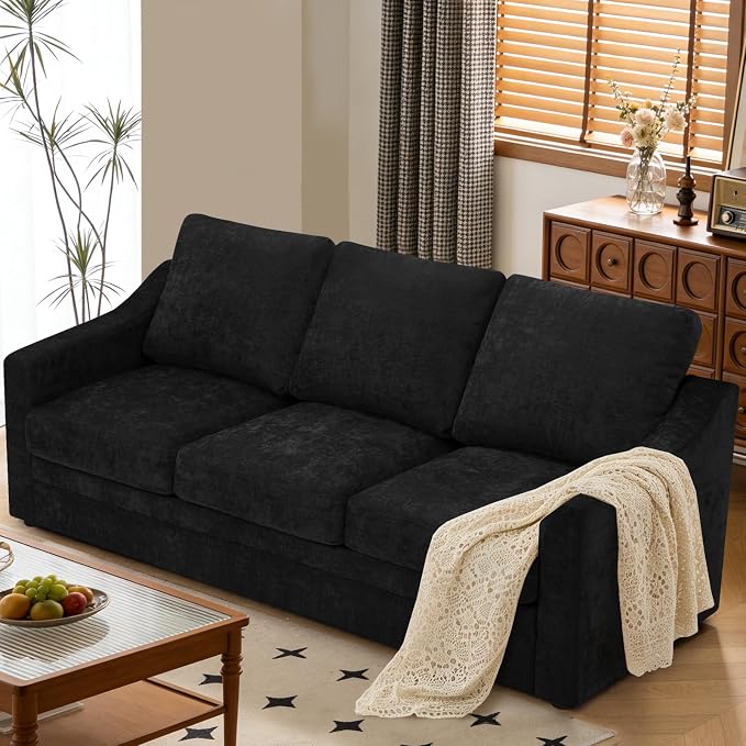 83” Chenille 3 Seats Sofa w/Comfortable Back Cushions, Black | Modern Couch w/Deep Seat Space, Upholstered 5 Seater Sofa w/High Resiliency Foam for Living Room