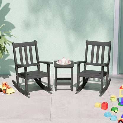 Costaelm Paradise Kids 3-Piece Outdoor HDPE Plastic Square Side Table and Rocking Chairs Set, Gray
