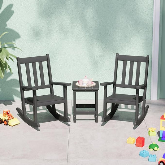 Costaelm Paradise Kids 3-Piece Outdoor HDPE Plastic Square Side Table and Rocking Chairs Set, Gray