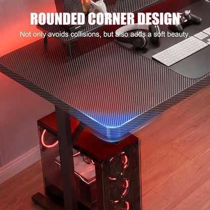 GTPLAYER 55 Inch Gaming Desk with LED Lights, Large Computer Desk with Mouse Pad for Home Office, T-Shaped Carbon Fibre Surface PC Game Workstations with Headphone Hook